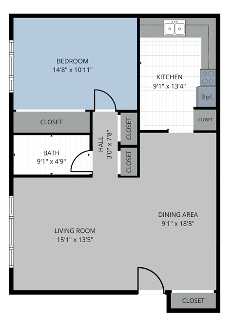 Floor plan for 1 bed, 1 bath, 725 sqft